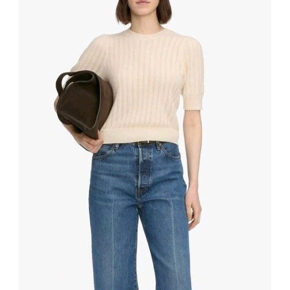 Sz XS - FRAME Denim The Ladder Pointelle Cashmere Sweater Beige MSRP $398